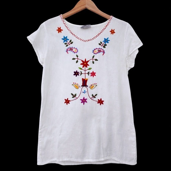 Tops - Embroidered Designs Handmade Floral Folk Art Tunic Sz S Cottage Boho Hippie Top‎